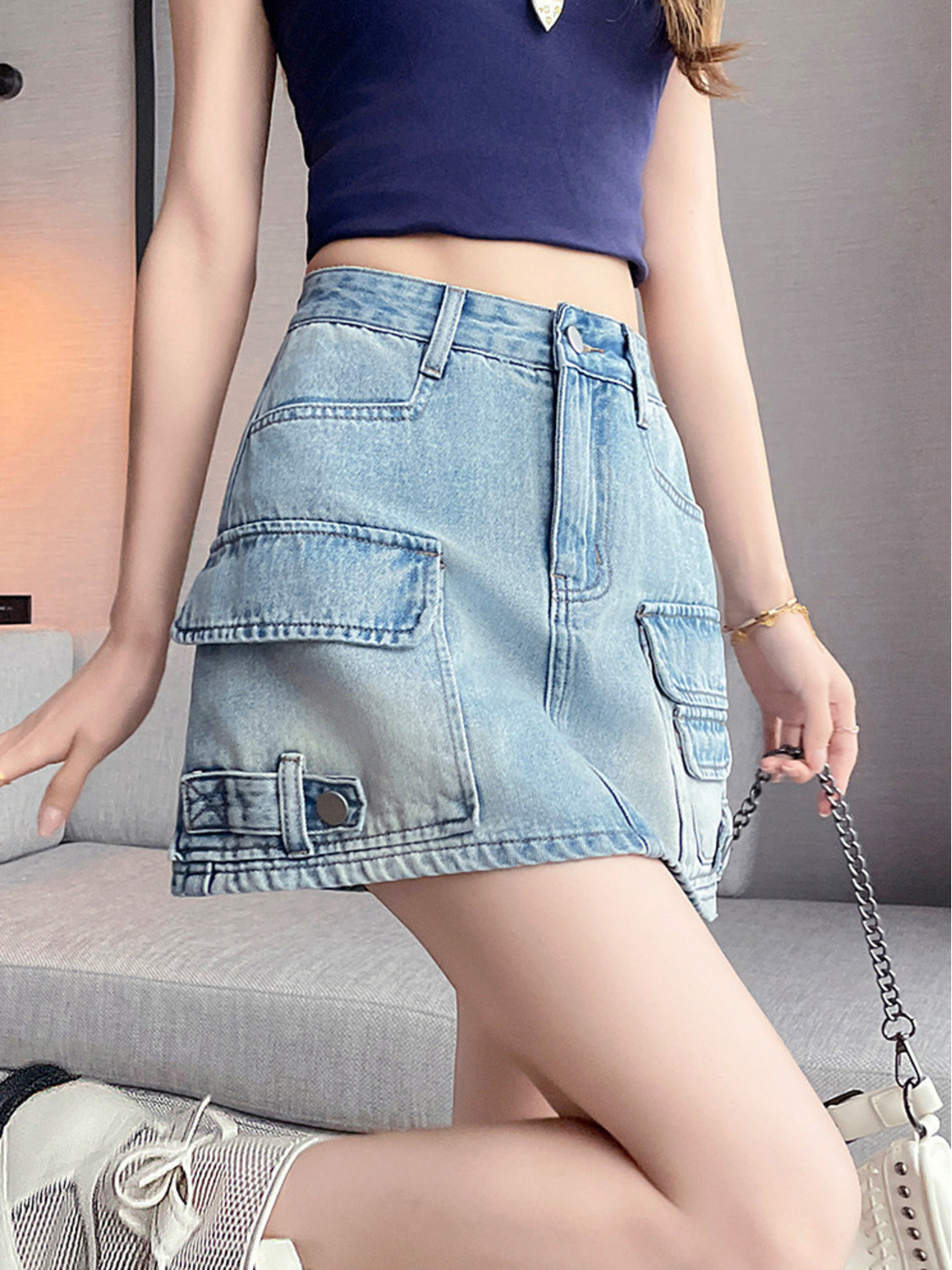 Rok Mini Denim Kargo Wanita Pi - Fly Line ulasan dan harga